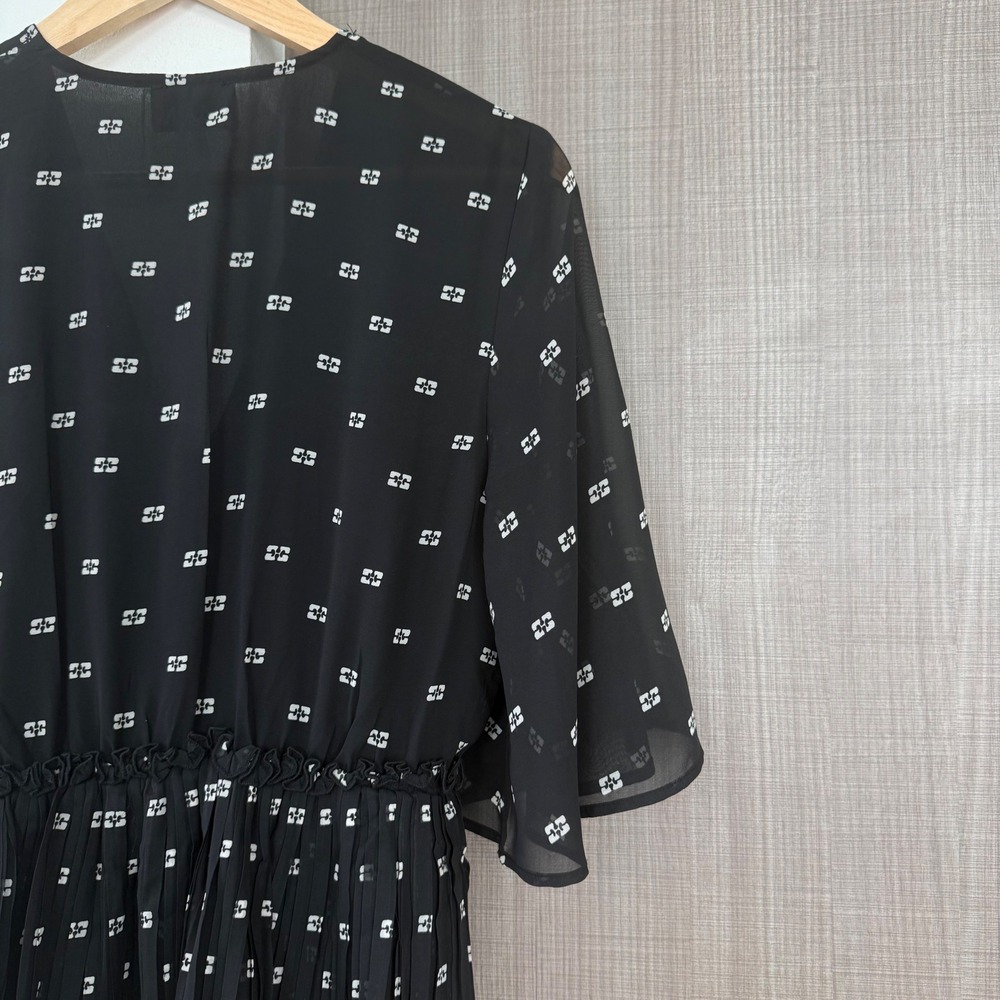 GANNI Black Pleated Georgette V Neck‎ Flounce Mini Dress Short Sleeve EU38 US6 - Picture 13 of 16